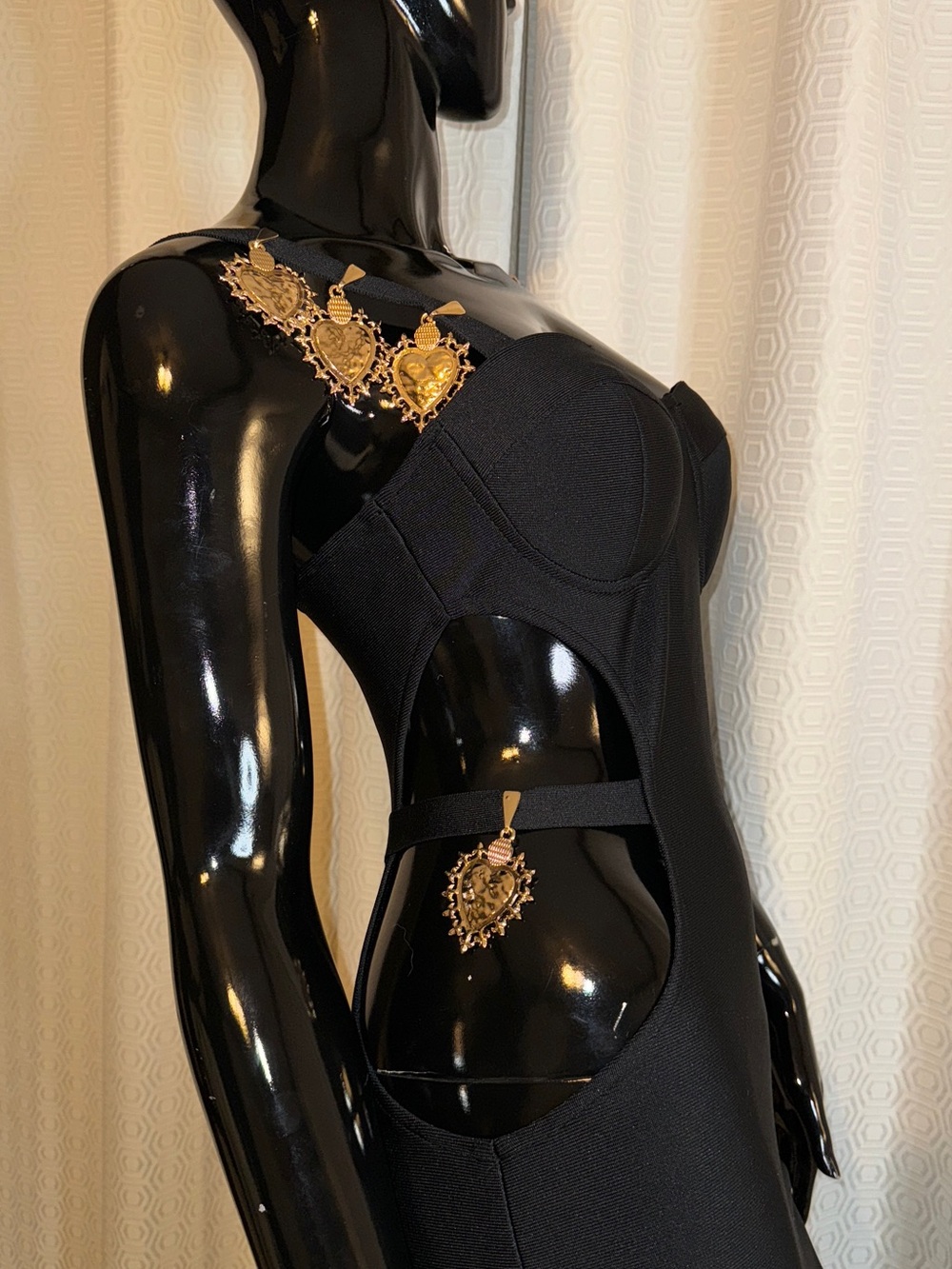 Mew Mews Black Cutout Bodycon Dress with Gold Heart Medallion Accents